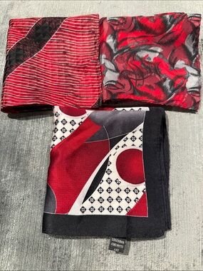 Vintage 100% Silk Pocket Squares, Set of 3, Red & Black | Handkerchief or Scarf